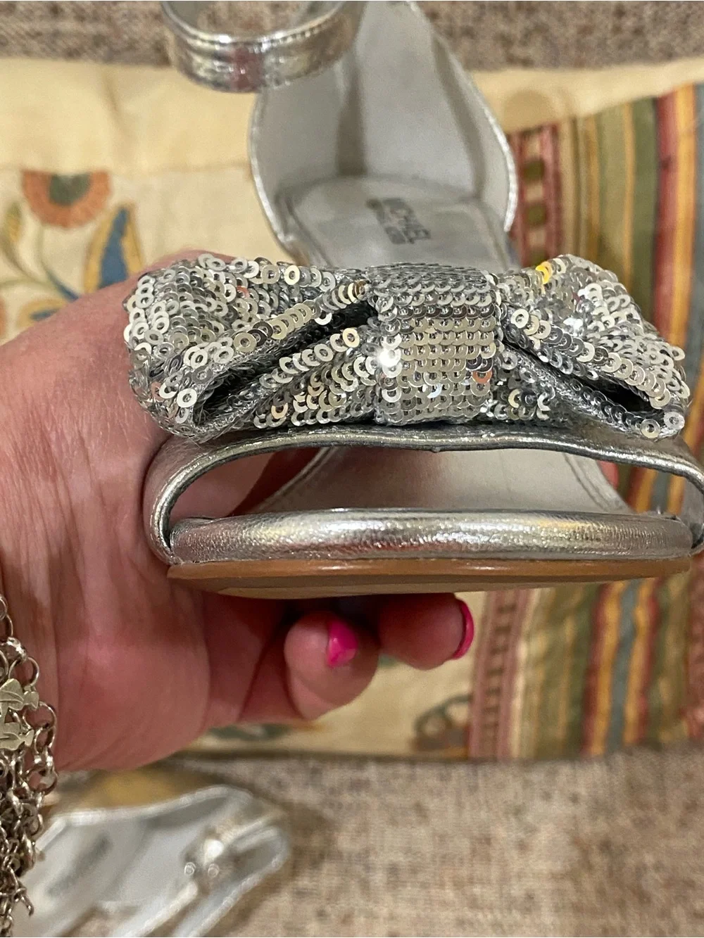 Michael Kors Silver Sequin Bow Ankle Strap Heels
